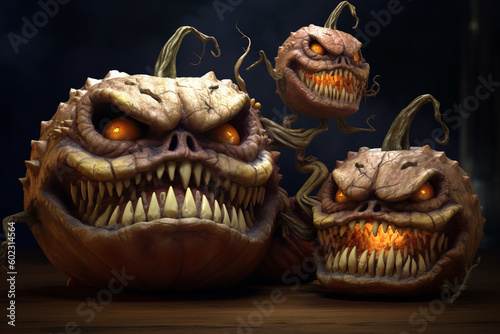 Illustrations of scary pumpkin heads for Halloween. Generative AI. 