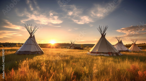 Illustration of First Nations tipis on the open prairies of North America. Generative AI.  photo