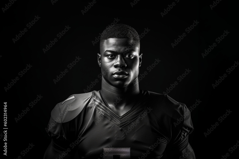 Black and white photorealistic studio portrait of an American football player on black background. Generative AI illustration Black and white photorealistic studio portrait of an American football player on black background. Generative AI illustration