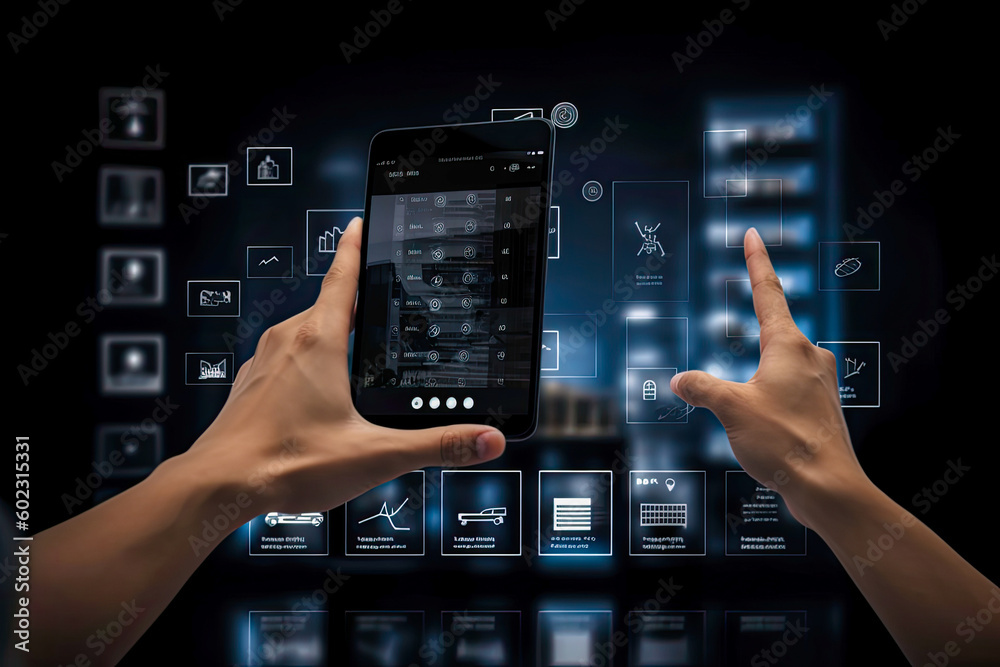 Modern smart home management system using augmented reality. Smart building. Generative AI Modern smart home management system using augmented reality. Smart building. Generative AI