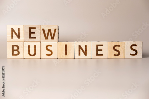 The word NEW BUSINESS on wooden cubes on a beige neutral studio background. Copy Space. Written. Text words matter. Conceptual Photo. Career symbol. The concept of volume increase make business grow.