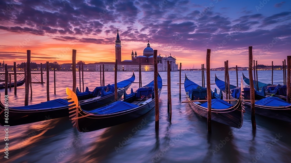 a group of gondolas lined up on the water in front of a grand palace with a beautiful sunset in the background
