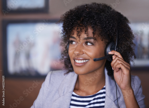 Call center, thinking and happy woman with online communication, virtual support and solution for client. Professional agent, consultant or african business person with telecom ideas, vision and help