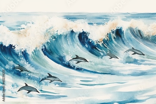 Watercolor painting of dolphins jumping on the wave. Hand drawn illustration