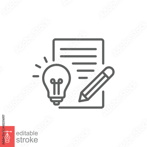 Brief icon. Simple outline style. Concise, succinct, pencil, page, light bulb, abbreviated concept. Thin line symbol. Vector symbol illustration isolated on white background. Editable stroke EPS 10.