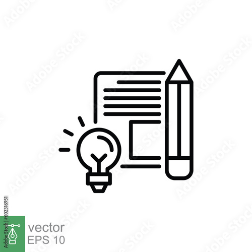 Brief icon. Simple outline style. Concise, succinct, pencil, page, light bulb, abbreviated concept. Thin line symbol. Vector symbol illustration isolated on white background. EPS 10.