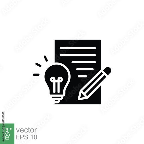 Brief icon. Simple solid style. Concise, succinct, pencil, page, light bulb, abbreviated concept. Black silhouette, glyph symbol. Vector symbol illustration isolated on white background. EPS 10.