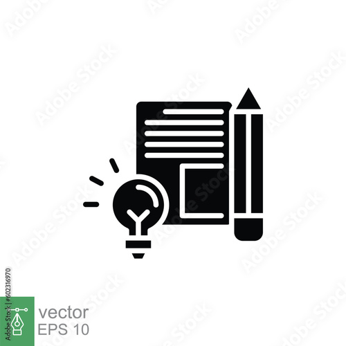 Brief icon. Simple solid style. Concise, succinct, pencil, page, light bulb, abbreviated concept. Black silhouette, glyph symbol. Vector symbol illustration isolated on white background. EPS 10.