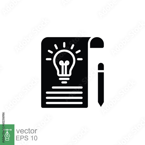 Brief icon. Simple solid style. Concise, succinct, pencil, page, light bulb, abbreviated concept. Black silhouette, glyph symbol. Vector symbol illustration isolated on white background. EPS 10.