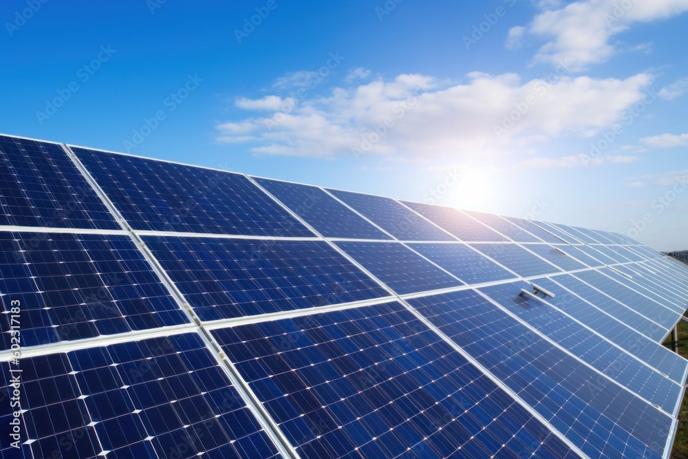 Solar panel close up with bright blue sky background AI Generated Solar panel close up with bright blue sky background AI Generated