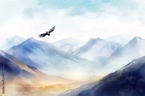 Watercolor landscape with mountains and eagle. Hand-drawn illustration.