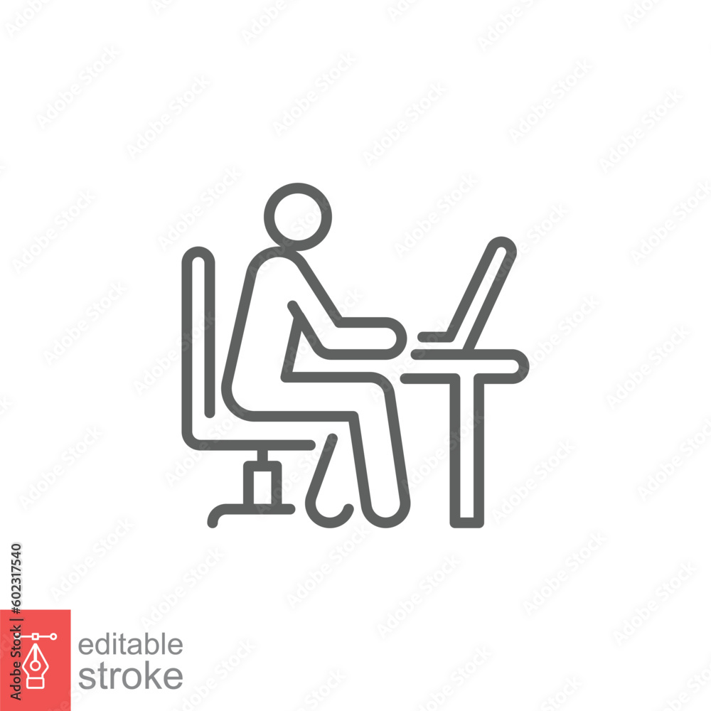 Man behind computer desk icon. Simple outline style. Person, work, laptop, table, chair office concept. Thin line symbol. Vector illustration isolated on white background. Editable stroke EPS 10. Man behind computer desk icon. Simple outline style. Person, work, laptop, table, chair office concept. Thin line symbol. Vector illustration isolated on white background. Editable stroke EPS 10.