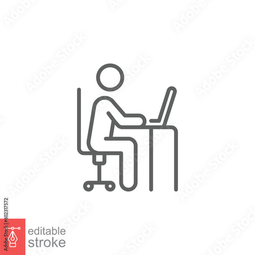 Man behind computer desk icon. Simple outline style. Person, work, laptop, table, chair office concept. Thin line symbol. Vector illustration isolated on white background. Editable stroke EPS 10.