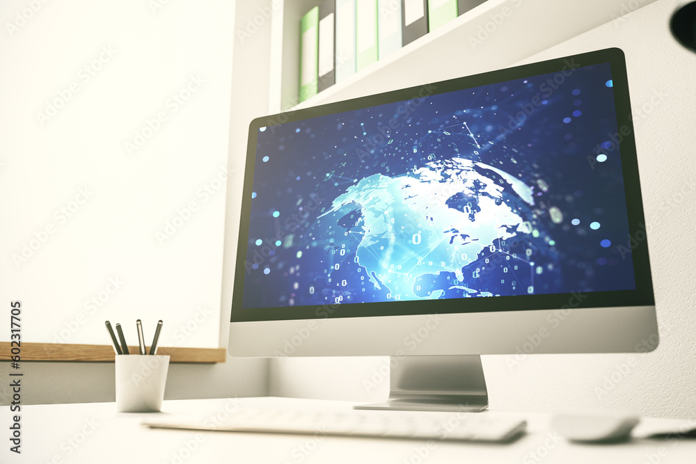 Abstract creative coding concept with world map on modern laptop screen. 3D Rendering Abstract creative coding concept with world map on modern laptop screen. 3D Rendering