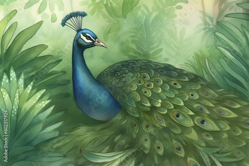 cartoon scene with peacock in the jungle - illustration for children