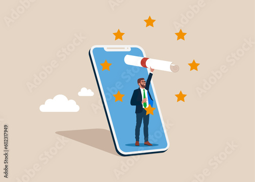 Receiving college or university diploma remotely. Businessman holding diploma graduation. Flat vector illustration
