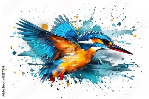 Flying kingfisher. Watercolor painting. Hand drawn illustration. photo