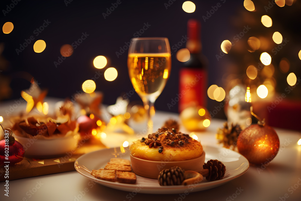 Food and drink against a festive restaurants bokeh background, Generative AI.
