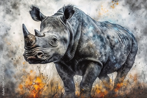 light watercolor, A captivating illustration of a black rhino, standing in the African savanna © 22Imagesstudio