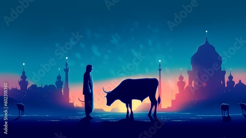 Sillhouette of Muslim man sacrifices cow in mosque during hajj with cow, Eid al-Adha illustration, Generative AI © Salsabila Ariadina