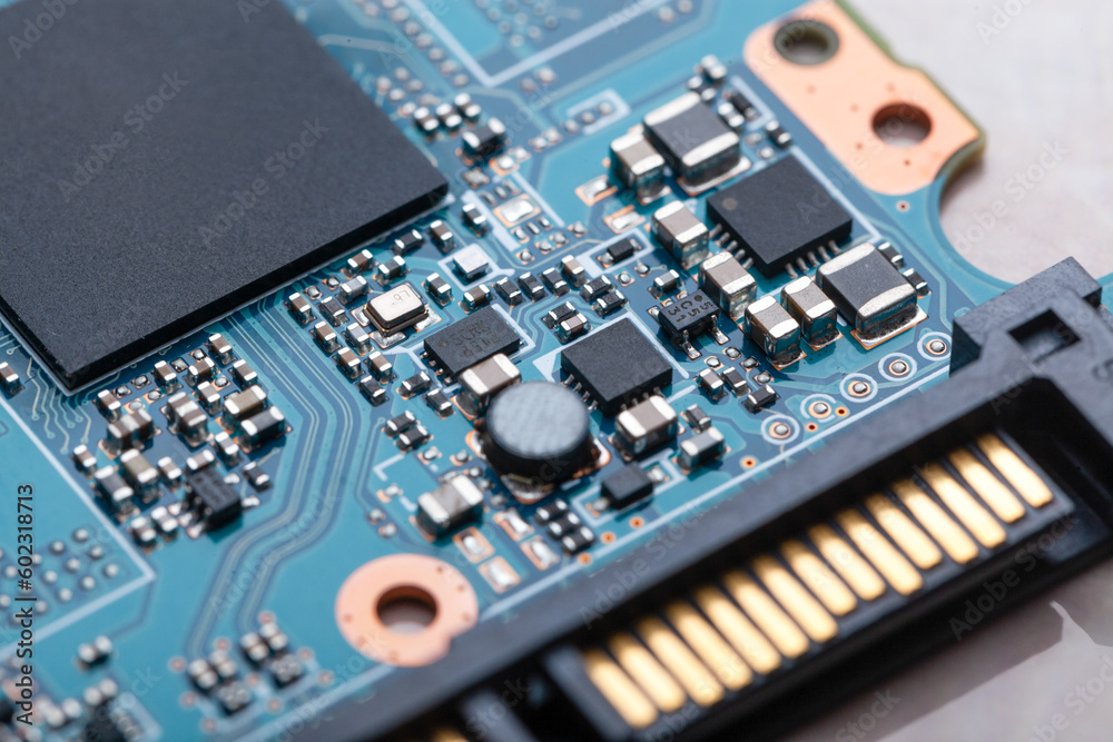 Modern motherboard with a focus on the processor or microchip Modern motherboard with a focus on the processor or microchip