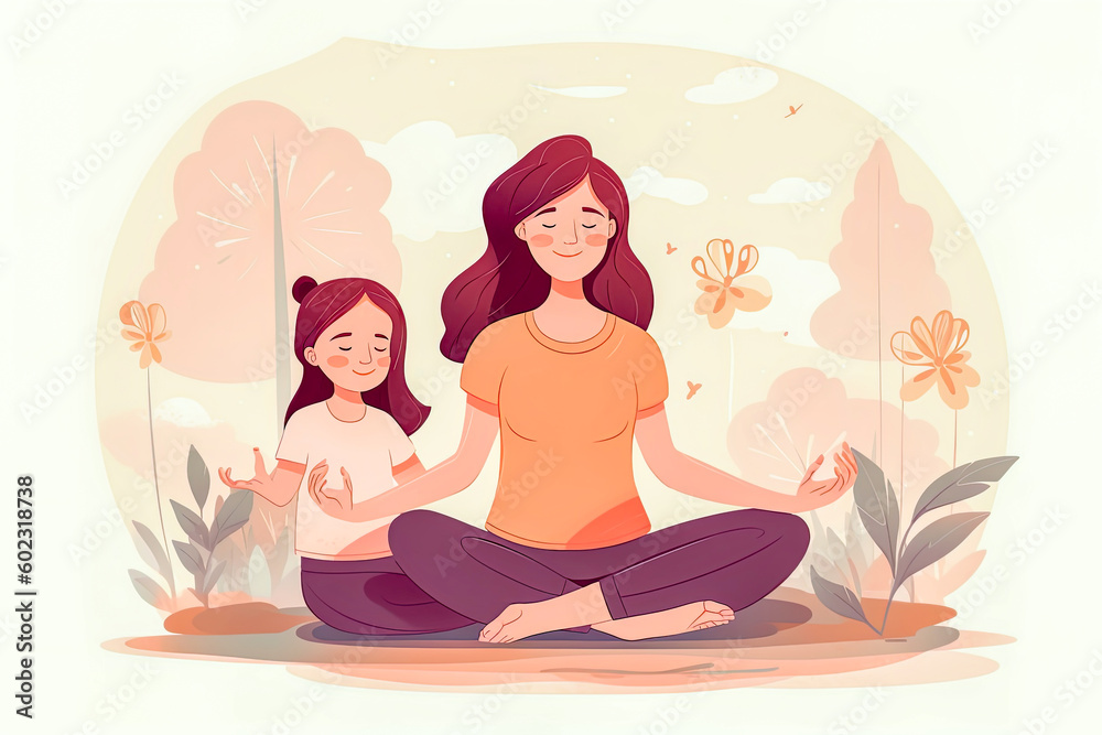 Happy yogi mom teaching daughter kid to do yoga at home, yoga pose, smiling, laughing, talking, enjoying home exercises, leisure activities, keeping healthy life style