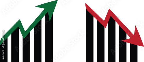 Graph going Up and Down sign with green and red arrows vector. Flat design vector illustration concept of sales bar chart symbol icon with arrow moving down and sales bar chart with arrow moving up