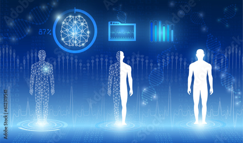 abstract background technology concept in blue light,brain and human body heal ,technology modern medical science in future and global international medical with tests analysis clone DNA human