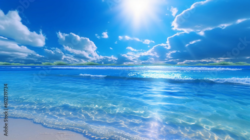 A beautiful beach with crystal blue water and white sand. AI generative