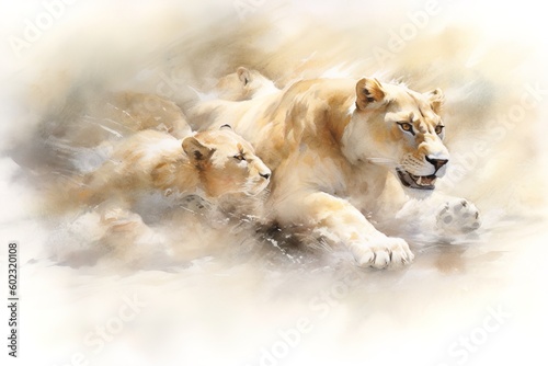 Watercolor illustration of lioness and cubs in the wild.