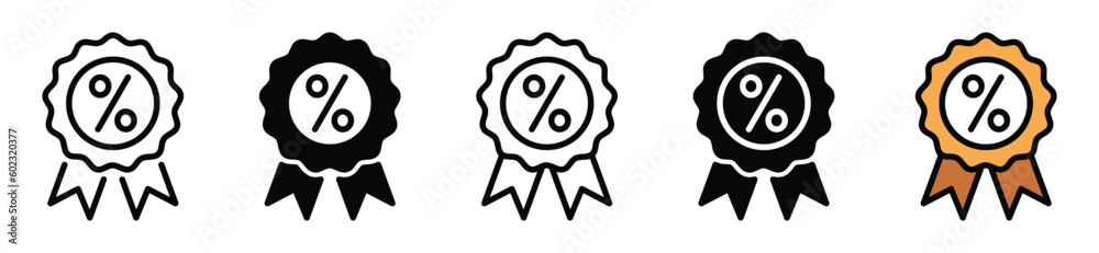 Discount icon in thin line, flat, and color style on white background with editable stroke. Medal with percentage symbol. Sale, badge, star, price, label, award. Vector illustration Discount icon in thin line, flat, and color style on white background with editable stroke. Medal with percentage symbol. Sale, badge, star, price, label, award. Vector illustration