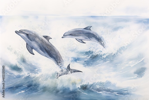 Watercolor illustration of three dolphins jumping out of the ocean. Hand drawn illustration.