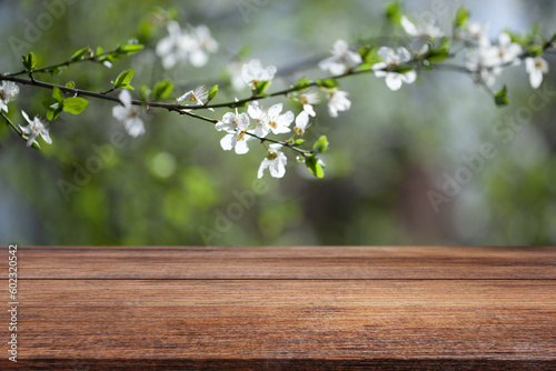 Wooden table for objects with a spring background
