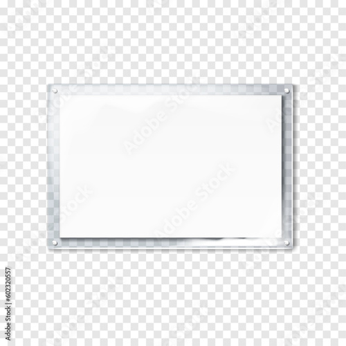 Clear sandwich acrylic board on transparent background realistic vector mockup. Blank plexiglass sign, poster holder mock-up. Plexi signboard. Template for design