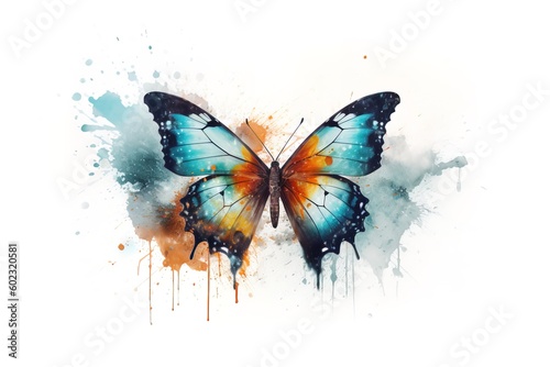 Watercolor butterfly with splashes and blots on white background.