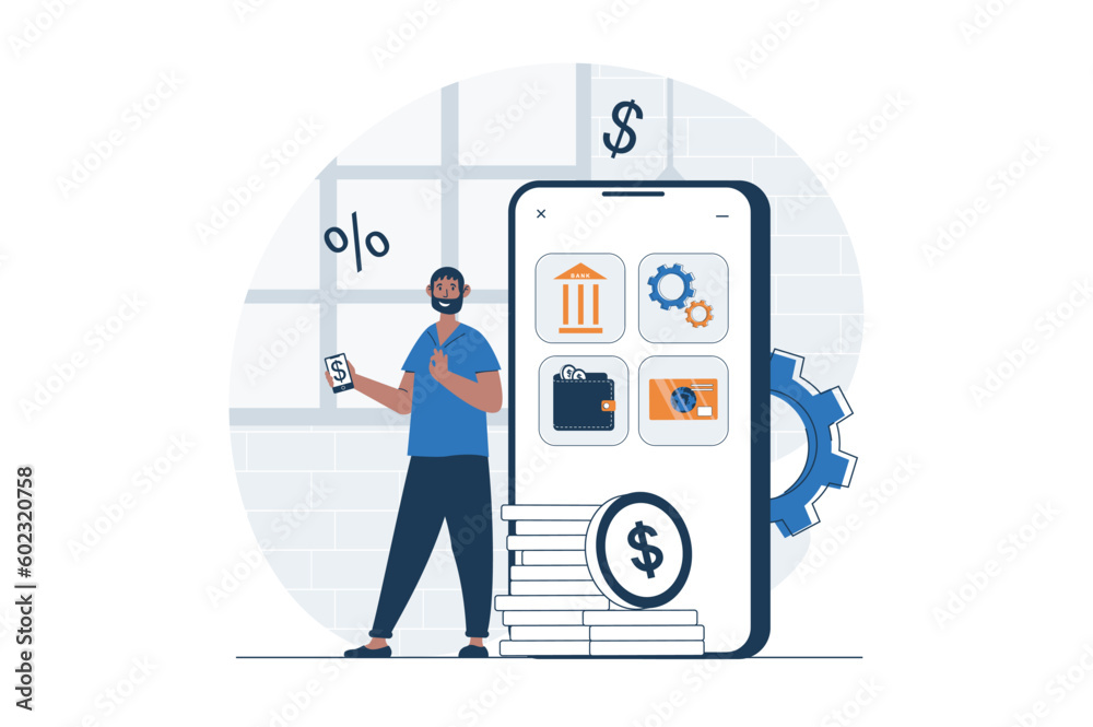 Mobile banking web concept with character scene. Man manages finances and banking services in smartphone app. People situation in flat design. Vector illustration for social media marketing material.