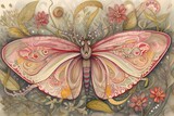 Beautiful butterfly on abstract floral background. Hand-drawn illustration.