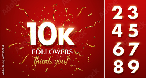 Thank you followers design template with gold confetti foil and numbers with golden frame