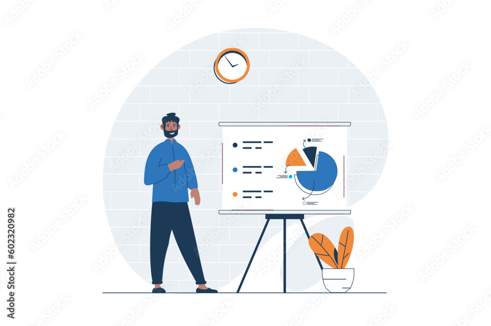 Payment web concept with character scene. Man analyzing financial data and planning transactions and paying. People situation in flat design. Vector illustration for social media marketing material.
