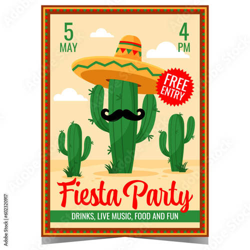 Fiesta party vector illustration design with a cactus in sombrero on background. Invitation card, promo banner or poster for traditional folk festival or carnival in Latin America, Spain and Mexico.