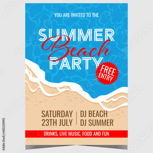 Summer beach party vector illustration design with sea waves and sandy beach on background. Promo poster, banner, invitation flyer for exotic and tropical entertainment event during vacation.