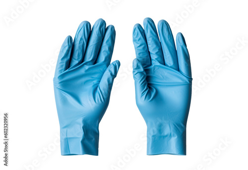 Pair of blue gloves isolated on transparent background. two blue surgical medical rubber glove hands
 photo