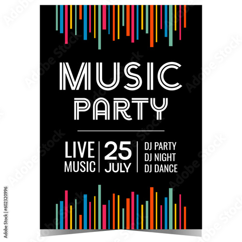 Music party vector illustration design on black background. Promotional banner or poster and invitation leaflet or flyer for musical disco dance event or night club with live DJ and HQ sound.