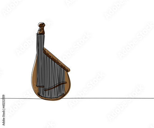 Bandura one line color art. Continuous line drawing of music, instrument, folk, musical, ukrainian, culture, acoustic, ethnic, lute, kobza, traditional, mandolin, string