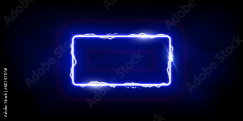 Magic blue rectangle of thunder storm blue lightnings. Magic and bright light effects electric border. Plasma frame with thunderbolt electricity lightning power effect on dark fog background
