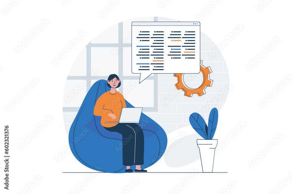 Programming web concept with character scene. Woman coding and making program at screen, working at laptop. People situation in flat design. Vector illustration for social media marketing material.