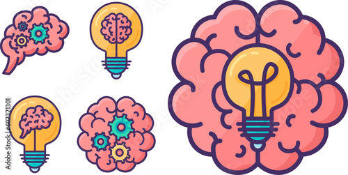 Set of hemispheres of human brain with convolutions inside an electric incandescent lamp. Metaphor of Brainstorming, sudden idea and thought process. Flat symbol with stroke isolated on white vector