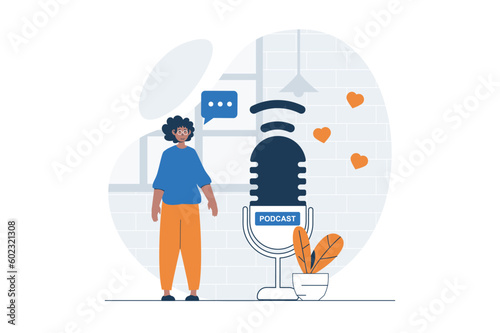 Podcast streaming web concept with character scene. Man recording audio in huge microphone for podcast show. People situation in flat design. Vector illustration for social media marketing material.
