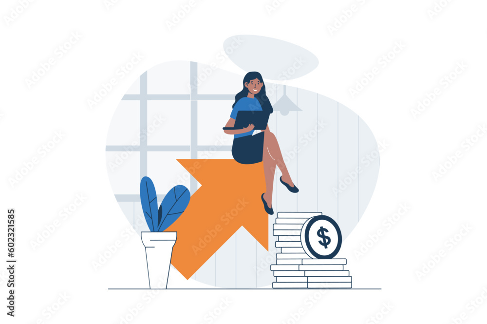 Sales performance web concept with character scene. Woman working with financial statistic, increase income. People situation in flat design. Vector illustration for social media marketing material.