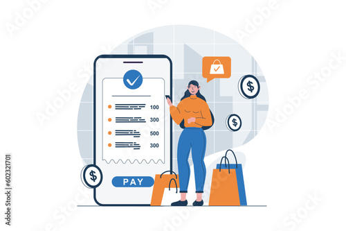 Secure payment web concept with character scene. Woman paying bills with protect of personal financial data. People situation in flat design. Vector illustration for social media marketing material. © alexdndz